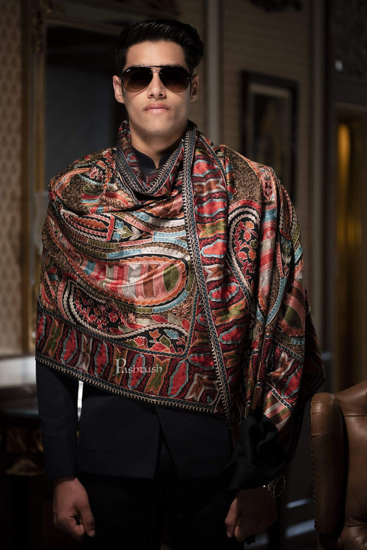 Pashtush India 70x200 Pashtush Mens Collection, Wool Embroidery Nalki Scarf, Rich Black