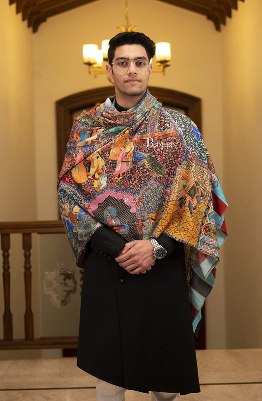 Pashtush India 127x254 Pashtush Mens Darbar Printed Shawl, 100% Pure, Woolmark Certified, Full Size