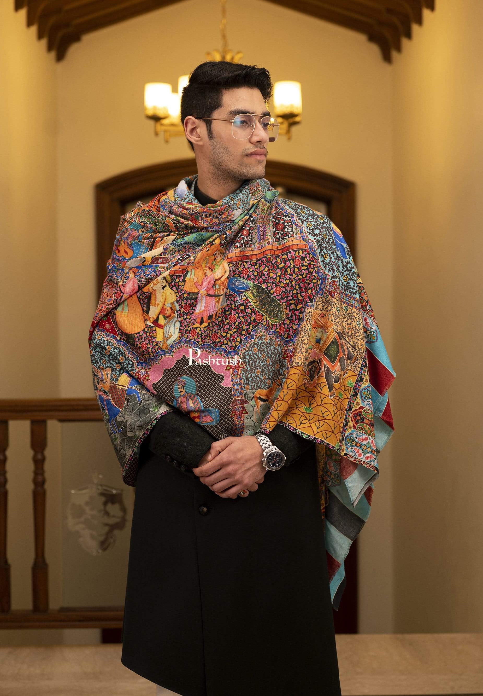 Pashtush India 127x254 Pashtush Mens Darbar Printed Shawl, 100% Pure, Woolmark Certified, Full Size