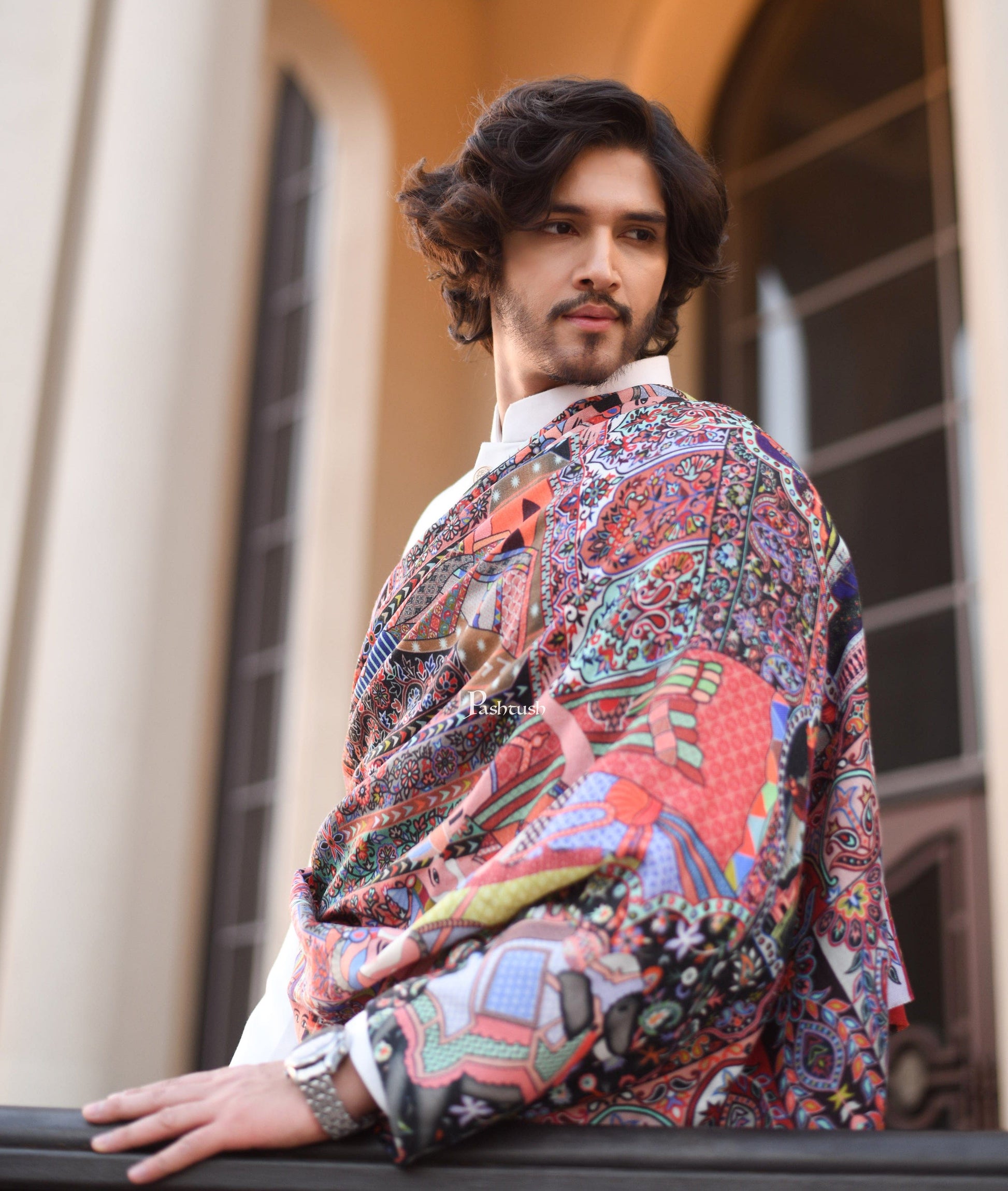 Pashtush India Mens Shawls Gents Shawl Pashtush Mens Darbar Printed Shawl, 100% Pure, Woolmark Certified, Full Size