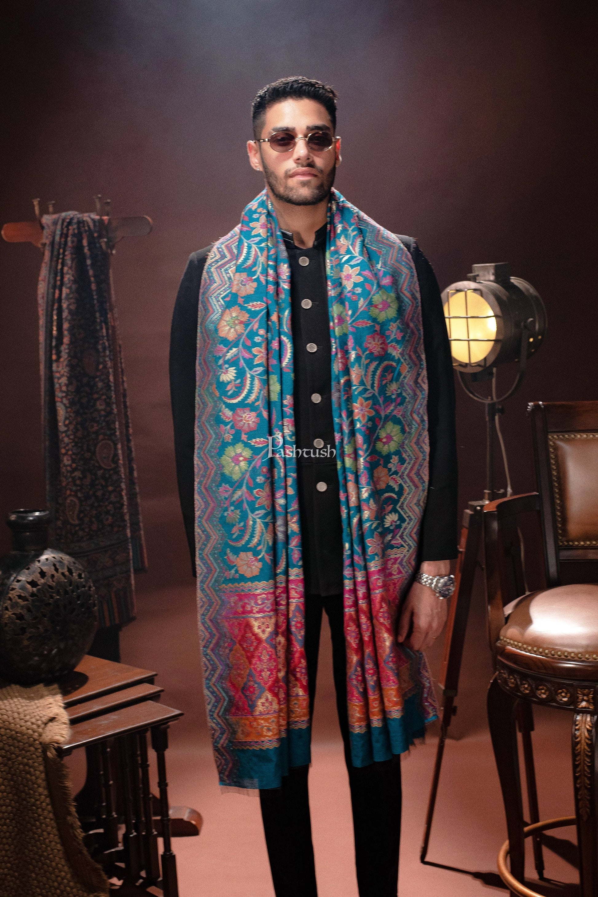 Pashtush India Mens Scarves Stoles and Mufflers Pashtush Mens Dupatta, Extra Fine Silky, Saphire blue