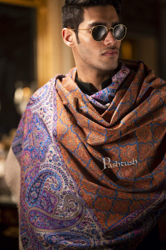 Pashtush India 100x200 Pashtush Mens Embroidered Jamawar Stole, 100% Pure Wool (Woolmark Certified)