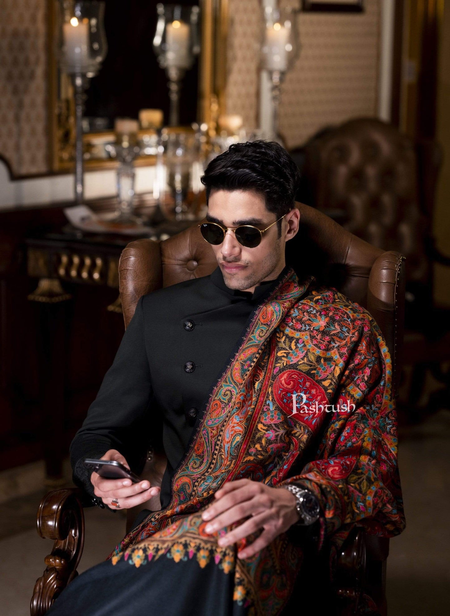 Pashtush India 100x200 Pashtush Mens Embroidered Jamawar Stole, Fine Wool, Soft and Warm