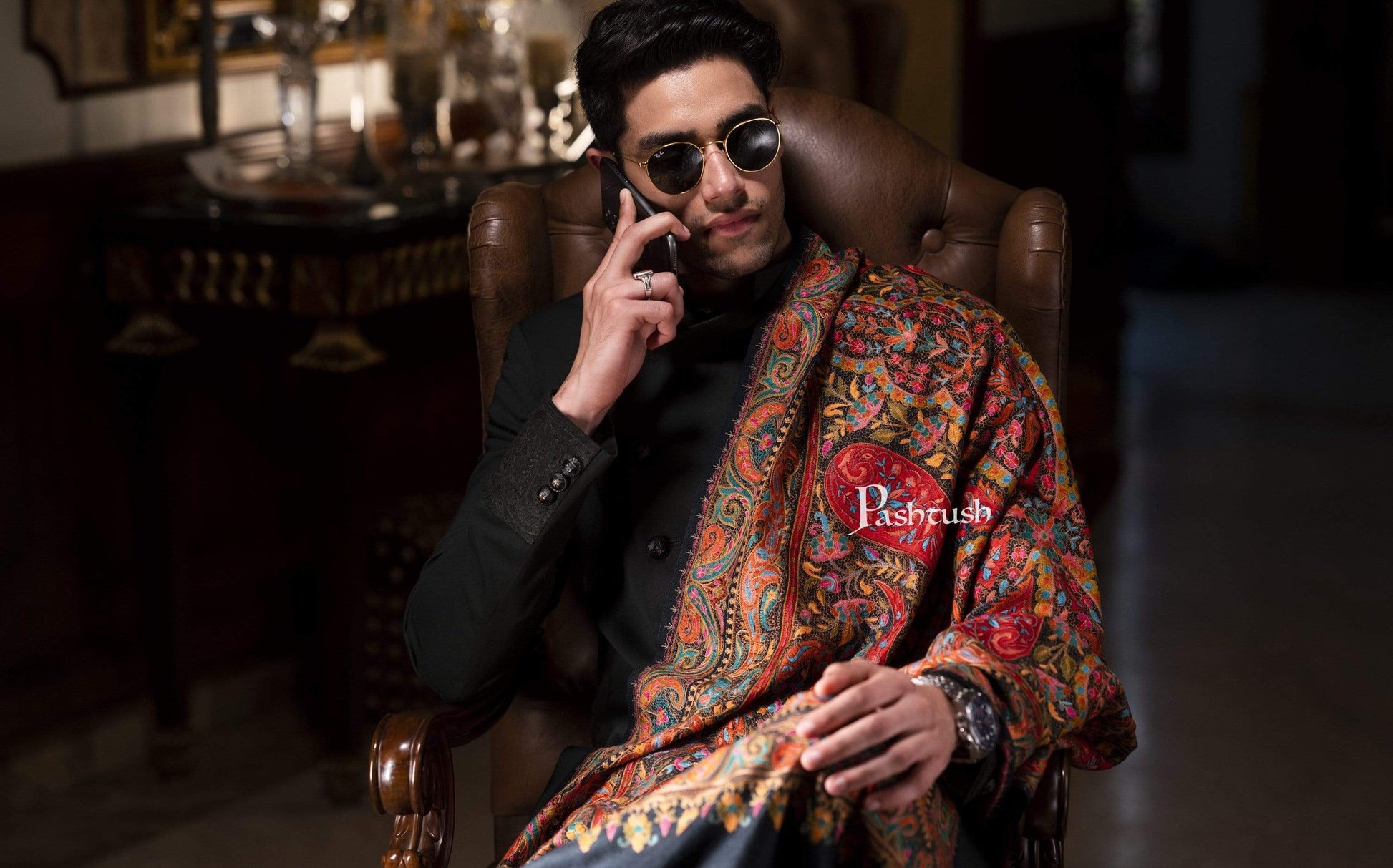 Pashtush India 100x200 Pashtush Mens Embroidered Jamawar Stole, Fine Wool, Soft and Warm