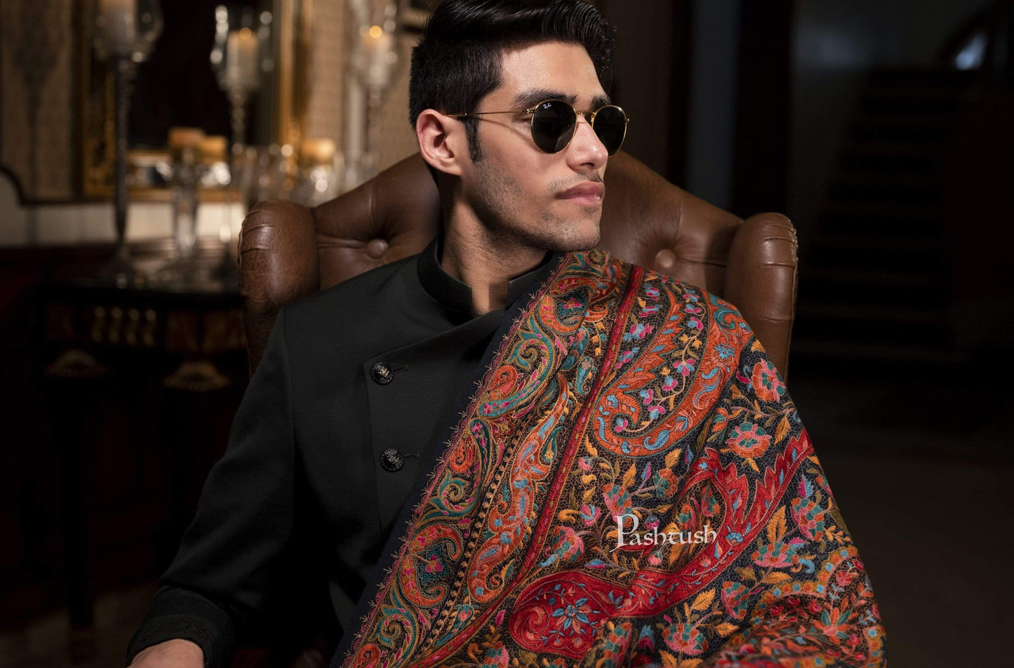 Pashtush India 100x200 Pashtush Mens Embroidered Jamawar Stole, Fine Wool, Soft and Warm