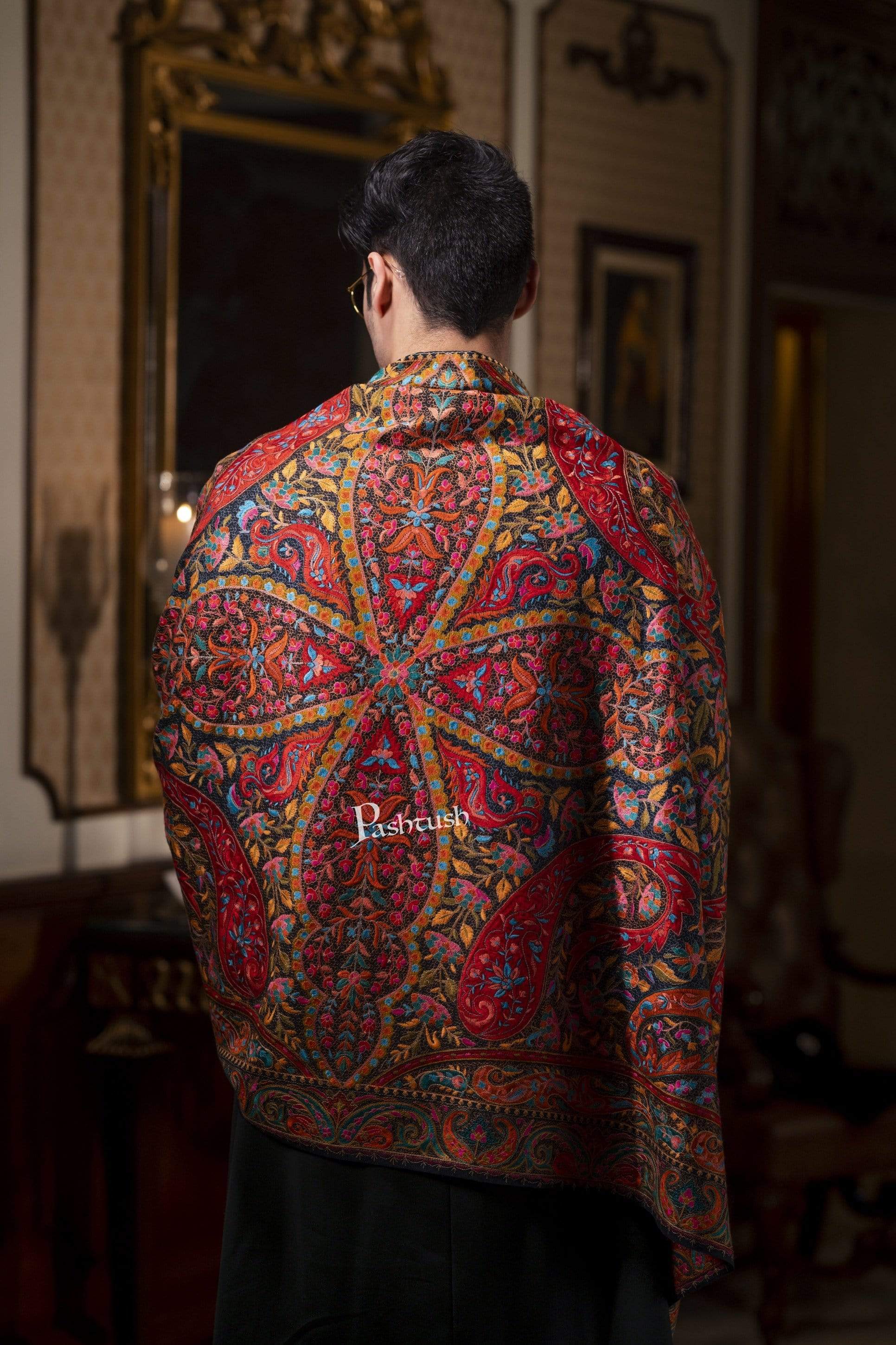 Pashtush India 100x200 Pashtush Mens Embroidered Jamawar Stole, Fine Wool, Soft and Warm