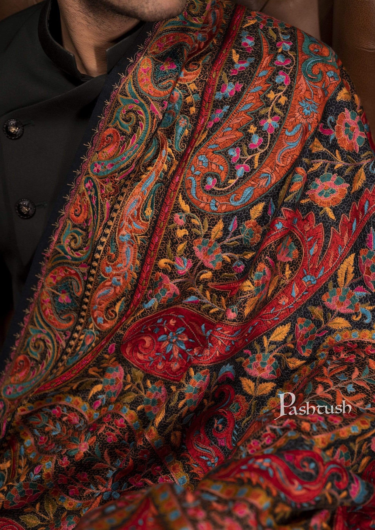 Pashtush India 100x200 Pashtush Mens Embroidered Jamawar Stole, Fine Wool, Soft and Warm