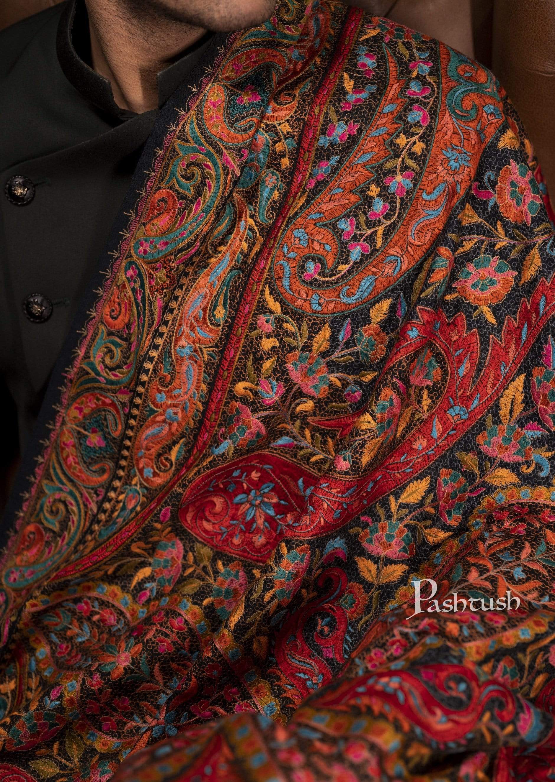Pashtush India 100x200 Pashtush Mens Embroidered Jamawar Stole, Fine Wool, Soft and Warm