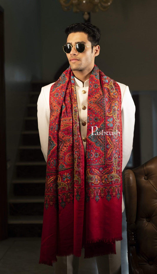 Pashtush India 100x200 Pashtush Mens Embroidered Jamawar Stole, Fine Wool, Soft and Warm