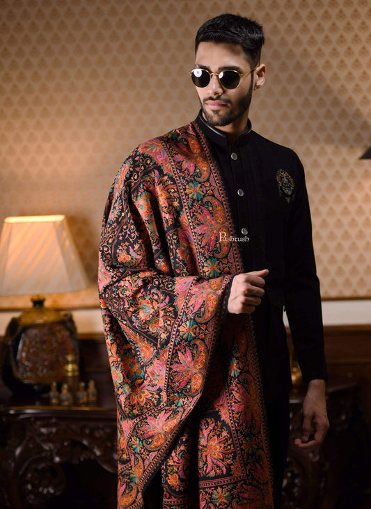 Pashtush India 100x200 Pashtush Mens Embroidered Jamawar Stole, Fine Wool, Soft and Warm