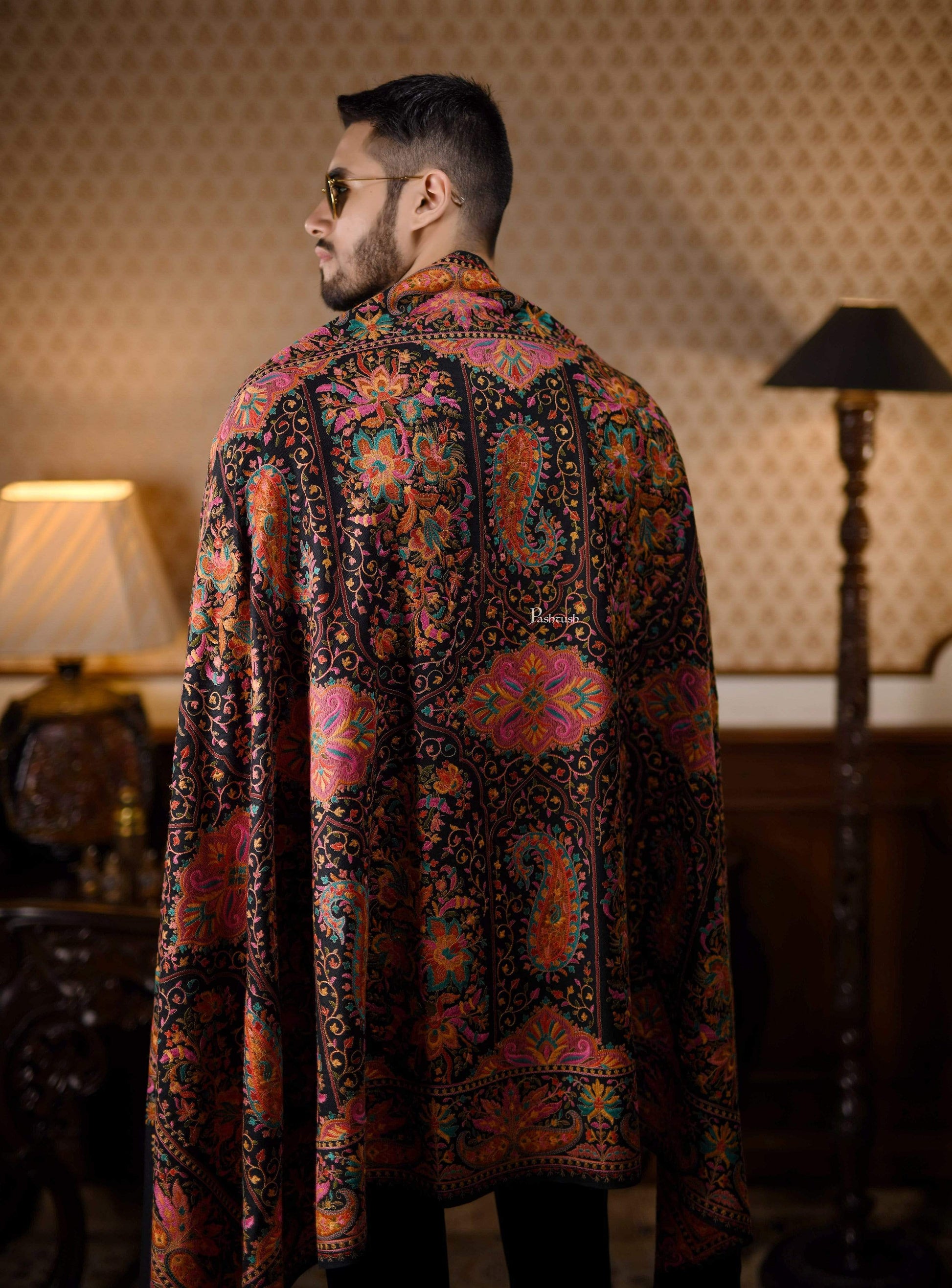 Pashtush India 100x200 Pashtush Mens Embroidered Jamawar Stole, Fine Wool, Soft and Warm