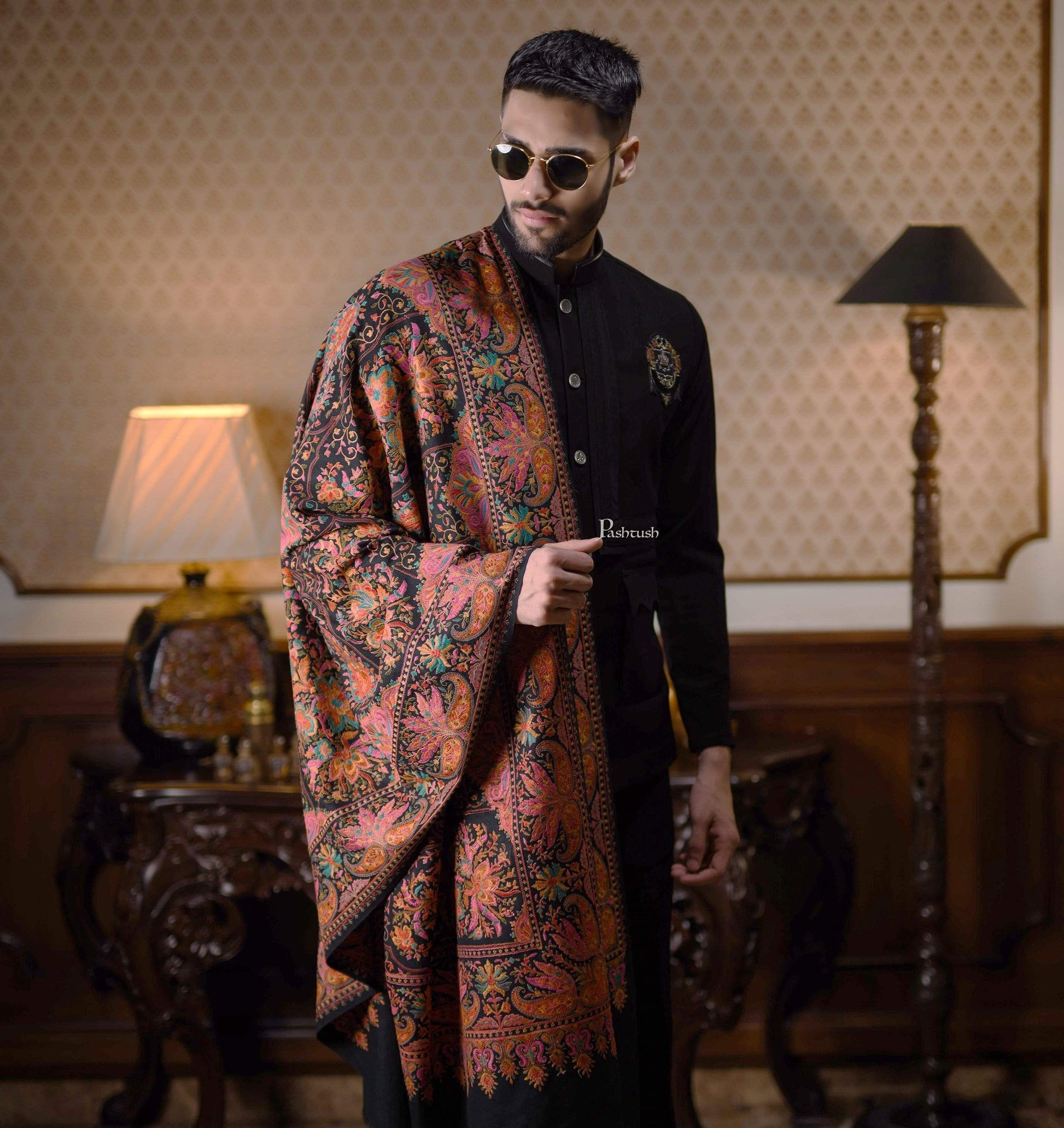 Pashtush India 100x200 Pashtush Mens Embroidered Jamawar Stole, Fine Wool, Soft and Warm