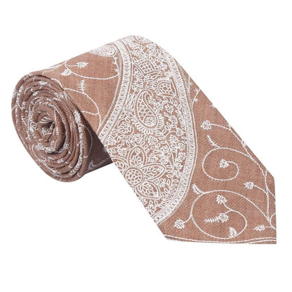 Pashtush Shawl Store Tie Pashtush Mens Embroidered Necktie, Pashmina and Wool, Paisley Design, Free Size, Tonal Beige