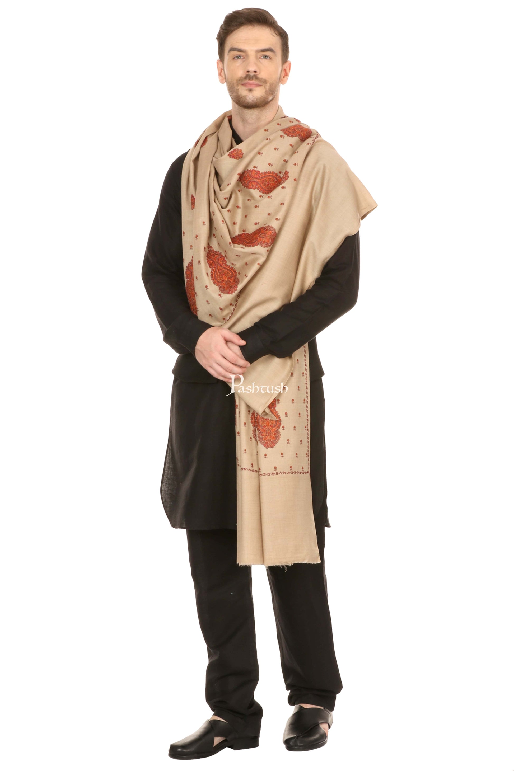 Pashtush India Mens Shawls Gents Shawl Pashtush Mens Embroidered Shawl In Extra Fine Wool Shawl
