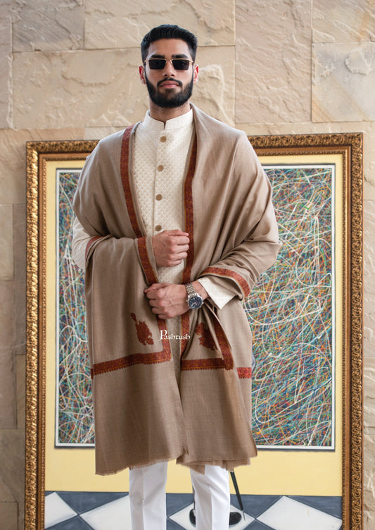 Pashtush India Mens Shawls Gents Shawl Pashtush Mens Embroidery Black Shawl, Kingri Design - Dark Beige