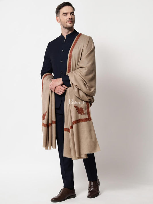 Pashtush India Mens Shawls Gents Shawl Pashtush Mens Embroidery Shawl, Kingri Design - Dark Beige
