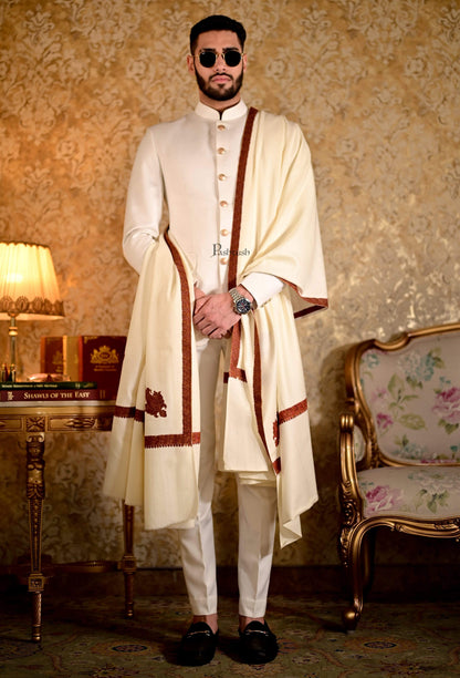 Pashtush India 127x254 Pashtush Mens Embroidery Shawl, Kingri Design - Ivory