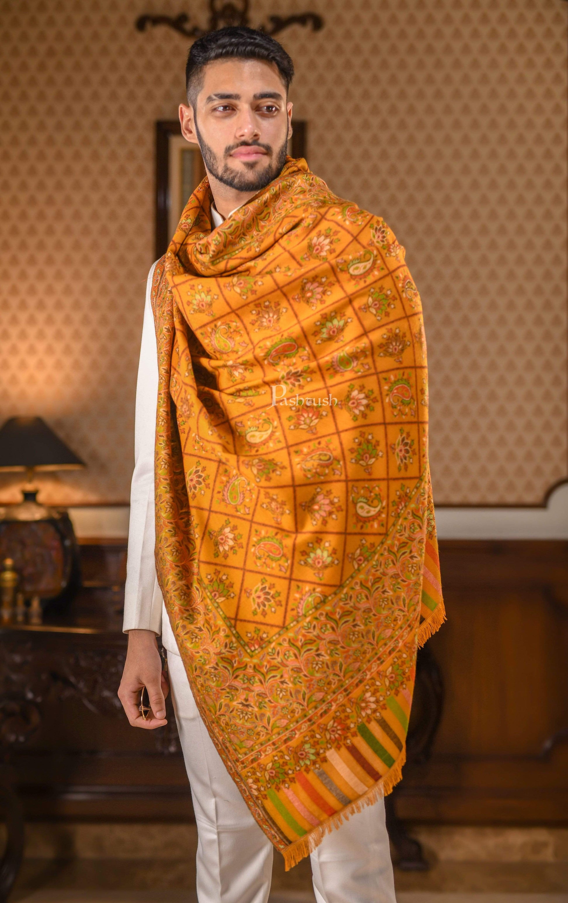 Pashtush India 100x200 PASHTUSH MENS Ethnic SHAWL, FAUX PASHMINA, SOFT AND WARM, MUSTARD