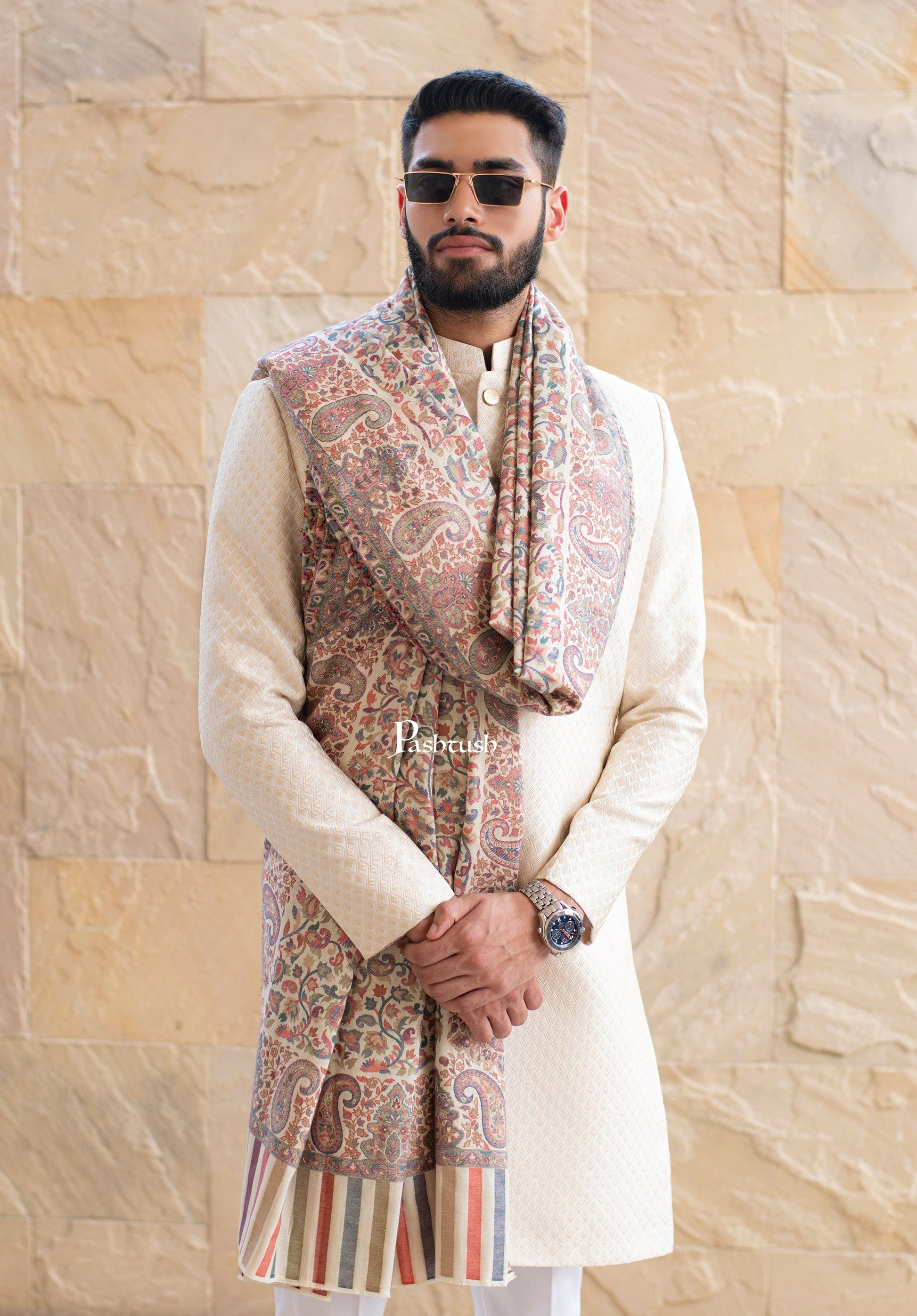 Pashtush India Mens Shawls Gents Shawl Pashtush Mens Ethnic Shawl, Mens Lohi, Full Size, Fine Wool, Ivory