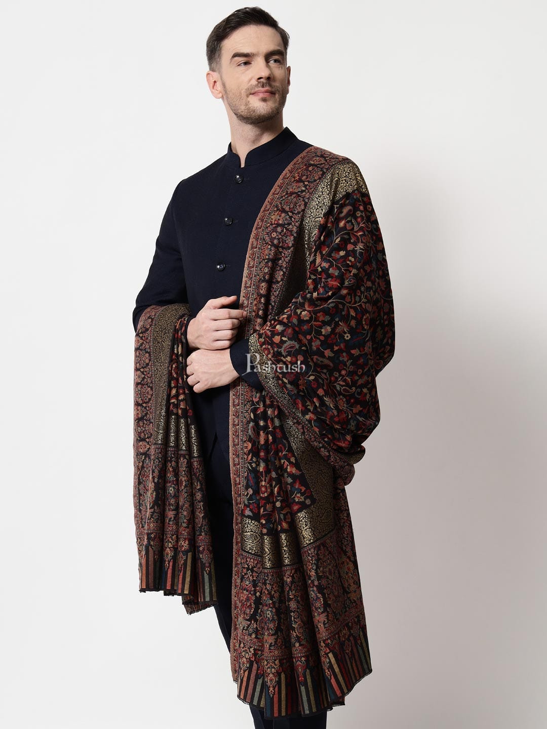 Pashtush India Mens Shawls Gents Shawl Pashtush Mens Ethnic Shawl, Mens Lohi , Full Size, Fine Wool, With Metallic Weave Border