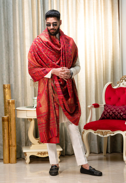 Pashtush India Mens Shawls Gents Shawl Pashtush Mens Ethnic Shawl, Mens Lohi , Full Size, Fine Wool, With Metallic Weave , Red