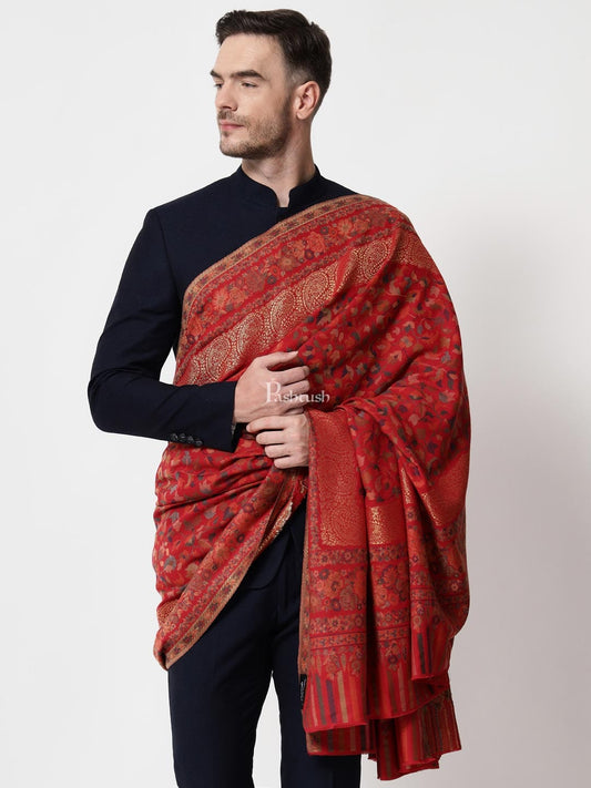 Pashtush India Mens Shawls Gents Shawl Pashtush Mens Ethnic Shawl, Mens Lohi , Full Size, Fine Wool, With Metallic Weave, Red