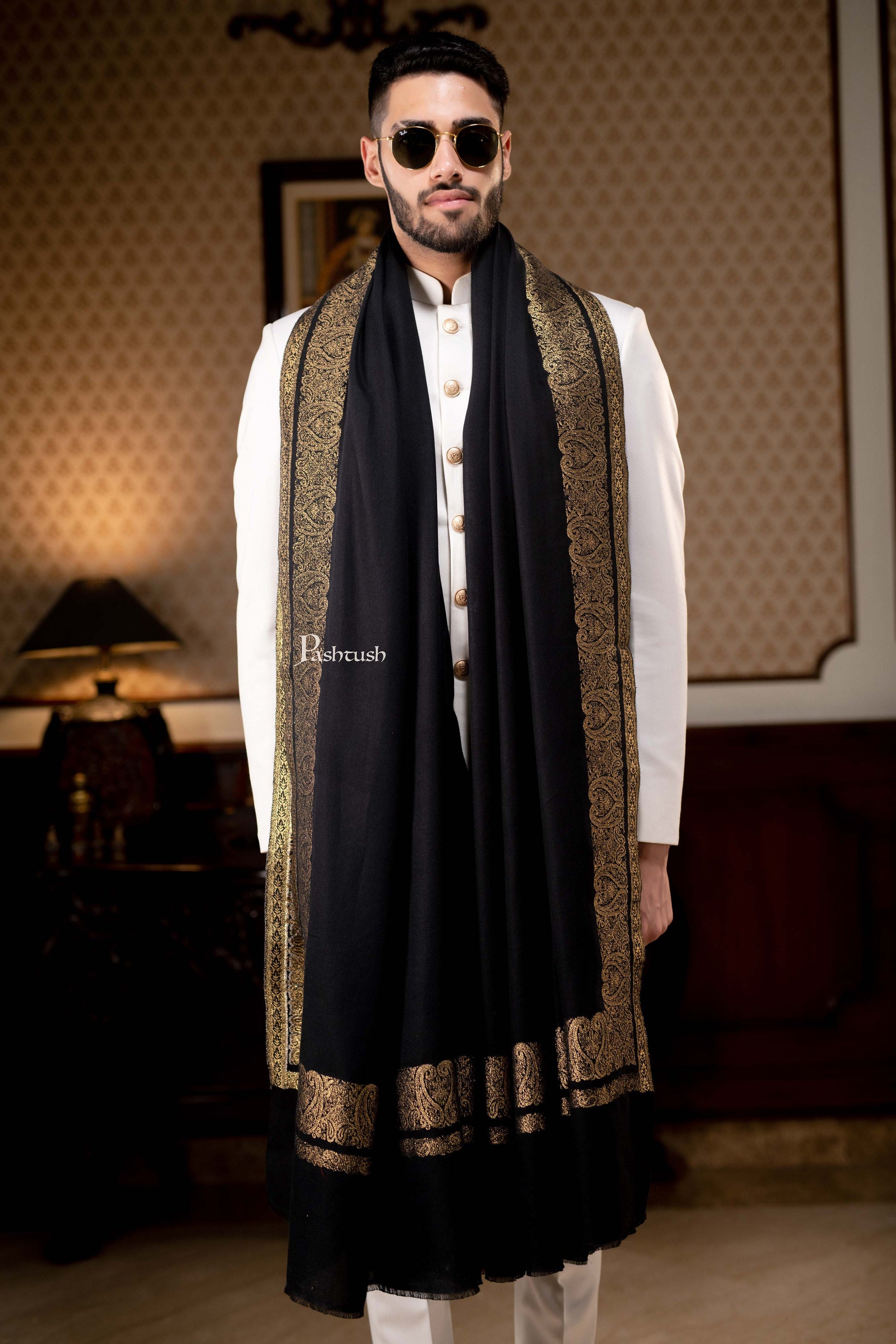 Pashtush India Mens Shawls Gents Shawl Pashtush Mens Extra Fine Count Wool Shawl, Metallic Tilla Border Weave, Full Size