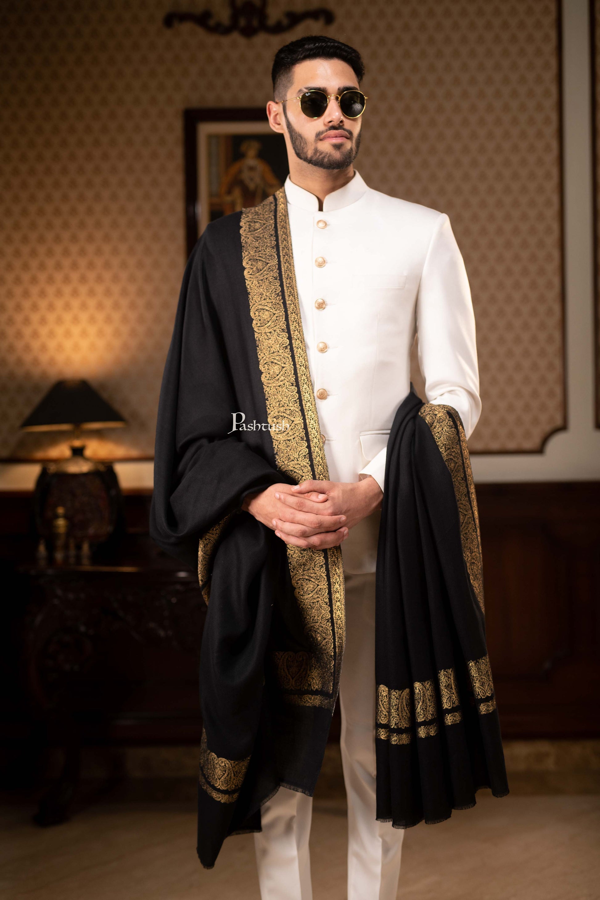Pashtush India Mens Shawls Gents Shawl Pashtush Mens Extra Fine Count Wool Shawl, Metallic Tilla Border Weave, Full Size
