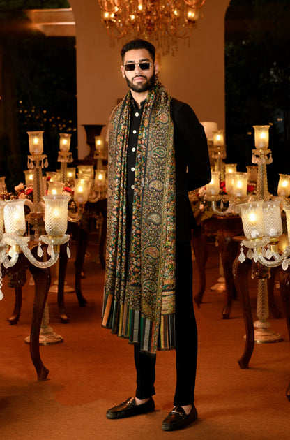 Pashtush India Mens Shawls Gents Shawl Pashtush Mens Extra Fine Wool Ethnic Shawl, Mens Lohi , Full Size, Black