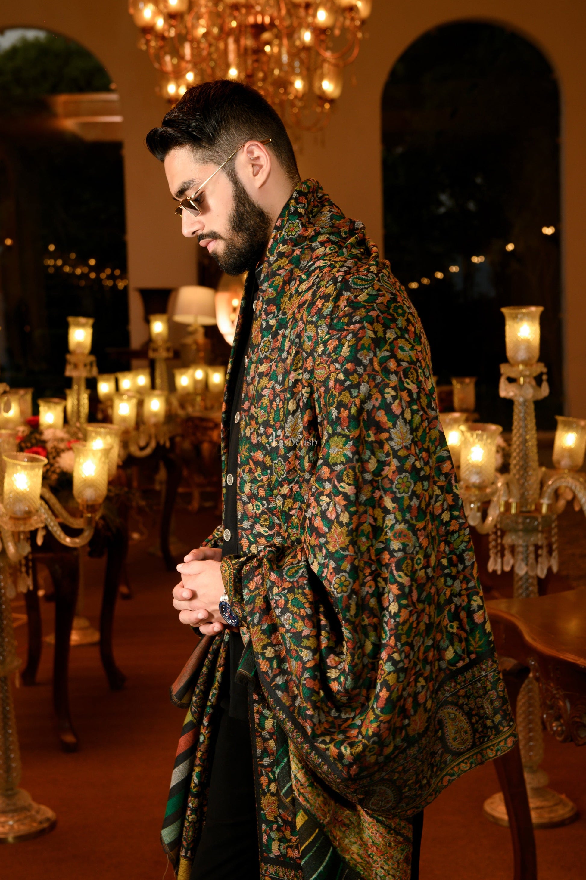 Pashtush India Mens Shawls Gents Shawl Pashtush Mens Extra Fine Wool Ethnic Shawl, Mens Lohi , Full Size, Black