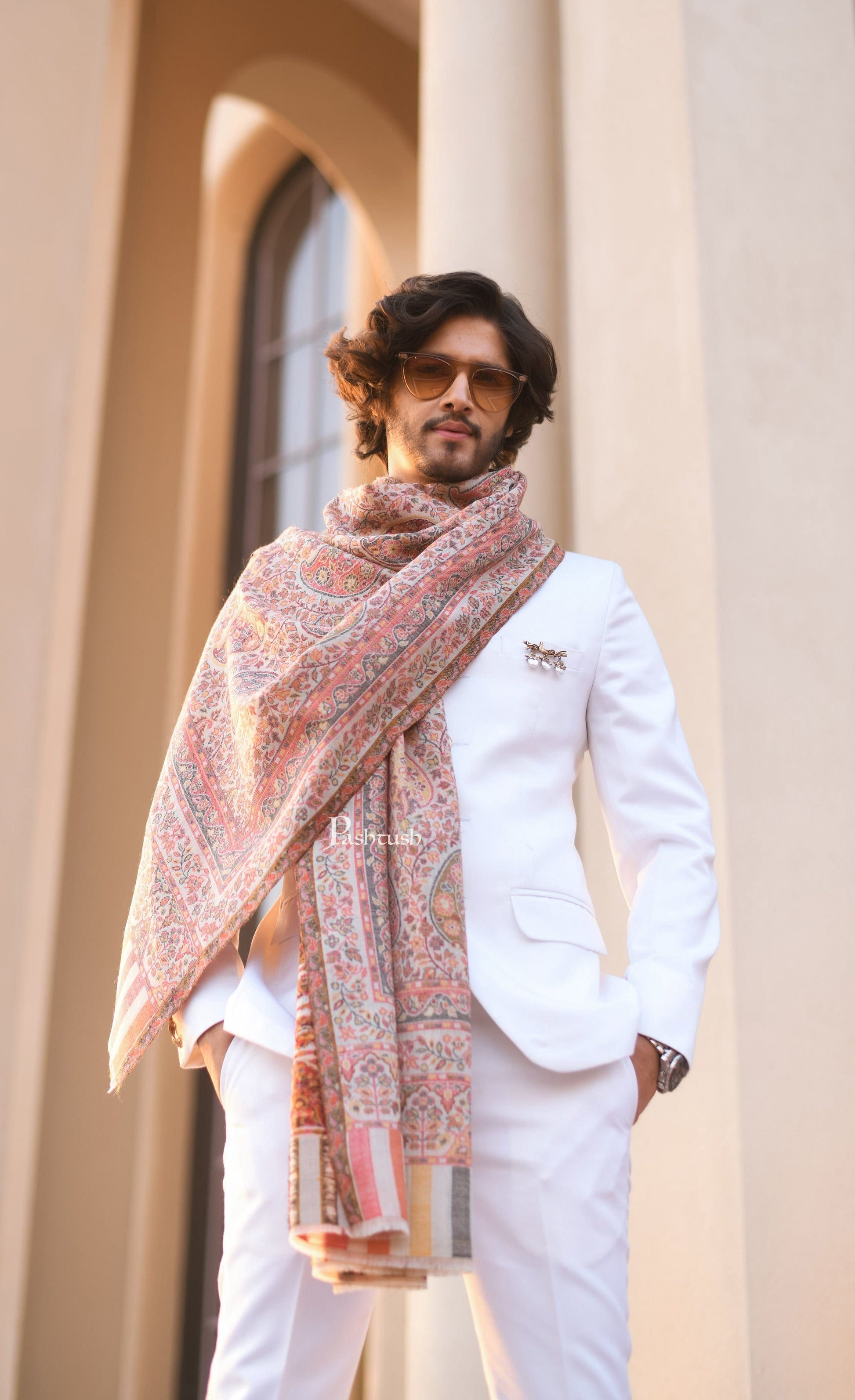Pashtush India PASHTUSH MENS EXTRA FINE WOOL, ETHNIC WEAVE STOLE