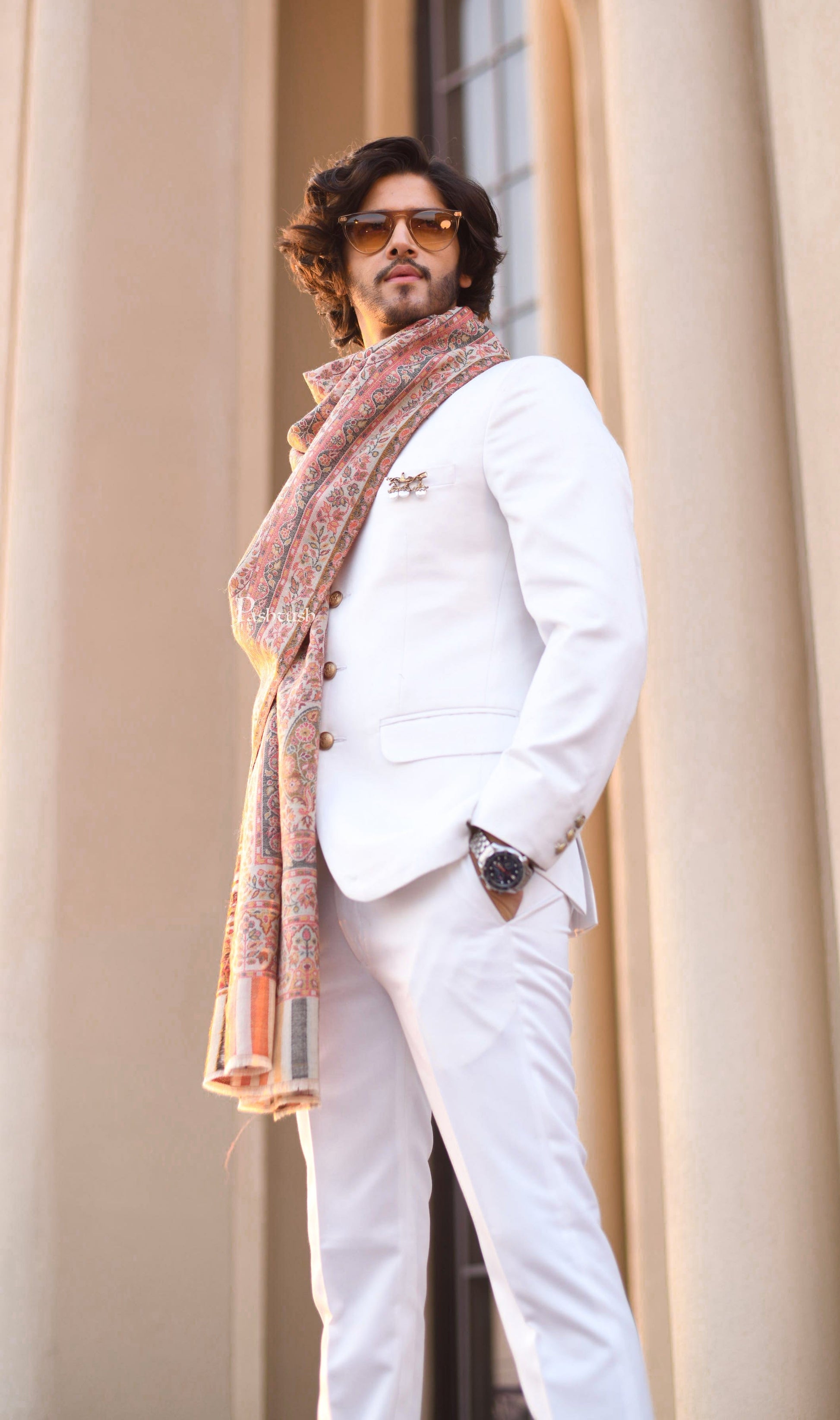Pashtush India PASHTUSH MENS EXTRA FINE WOOL, ETHNIC WEAVE STOLE