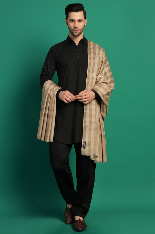 Pashtush India Mens Shawls Gents Shawl Pashtush Mens Extra Fine Wool Shawl, Check Ambi Design, Beige