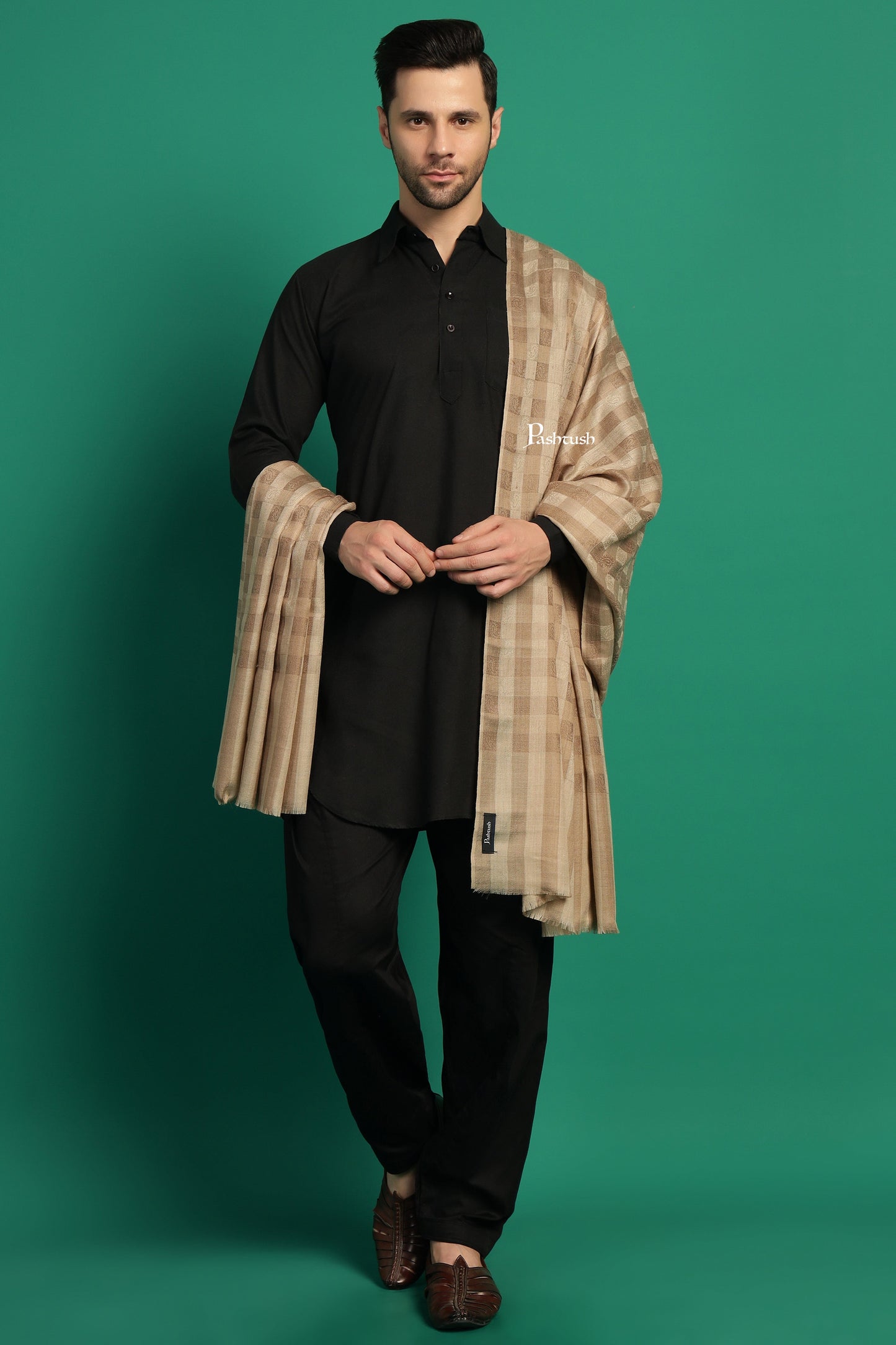 Pashtush India Mens Shawls Gents Shawl Pashtush Mens Extra Fine Wool Shawl, Check Ambi Design, Beige