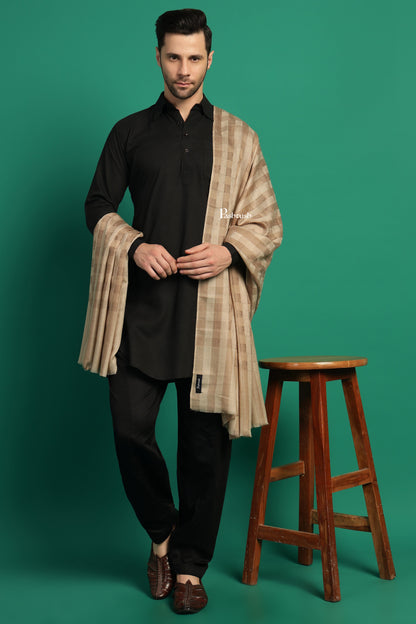 Pashtush India Mens Shawls Gents Shawl Pashtush Mens Extra Fine Wool Shawl, Check Ambi Design, Beige