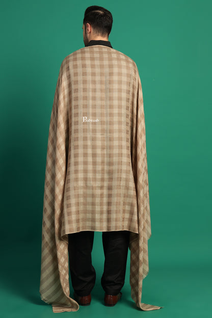 Pashtush India Mens Shawls Gents Shawl Pashtush Mens Extra Fine Wool Shawl, Check Ambi Design, Beige