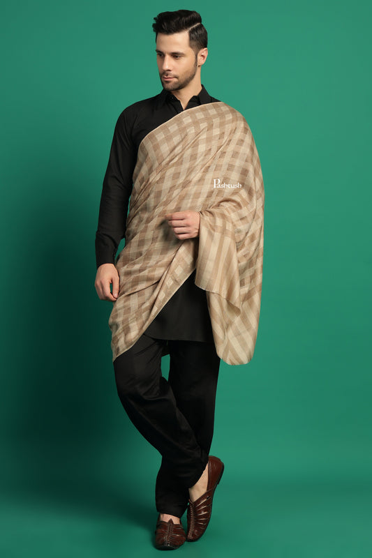 Pashtush India Mens Shawls Gents Shawl Pashtush Mens Extra Fine Wool Shawl, Check Ambi Design, Beige