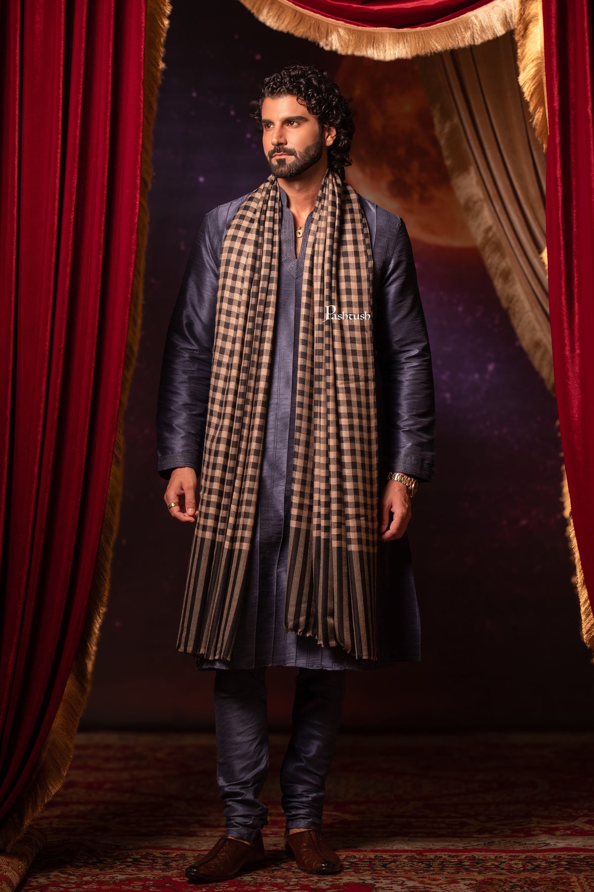 Pashtush India Mens Shawls Gents Shawl Pashtush Mens Extra Fine Wool Shawl, Checkerd Design, Black