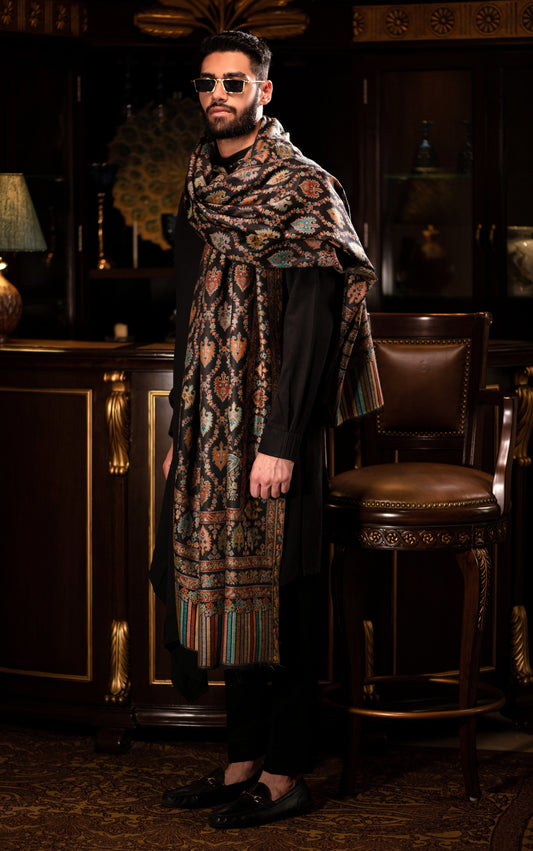 Pashtush India Mens Shawls Gents Shawl Pashtush mens Extra Fine Wool shawl, Ethnic design, Black