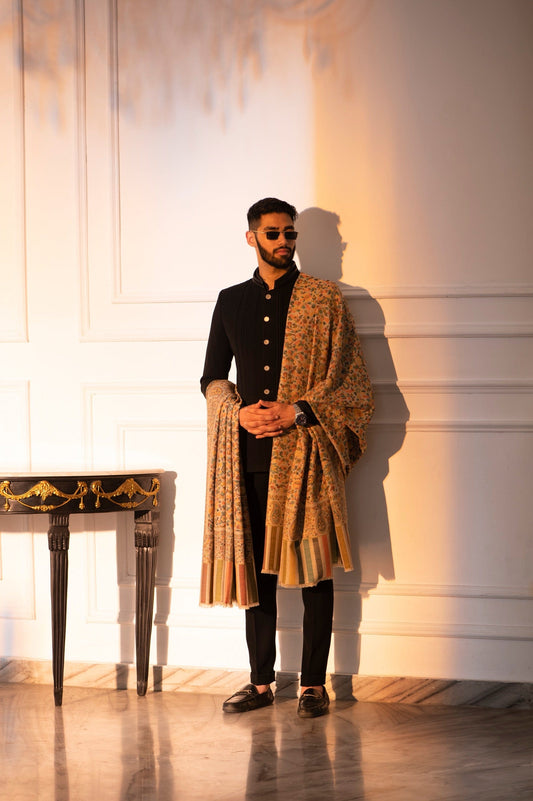 Pashtush India Mens Shawls Gents Shawl Pashtush Mens Extra Fine Wool Shawl, Ethnic Design, Lohi, Full Size, Beige