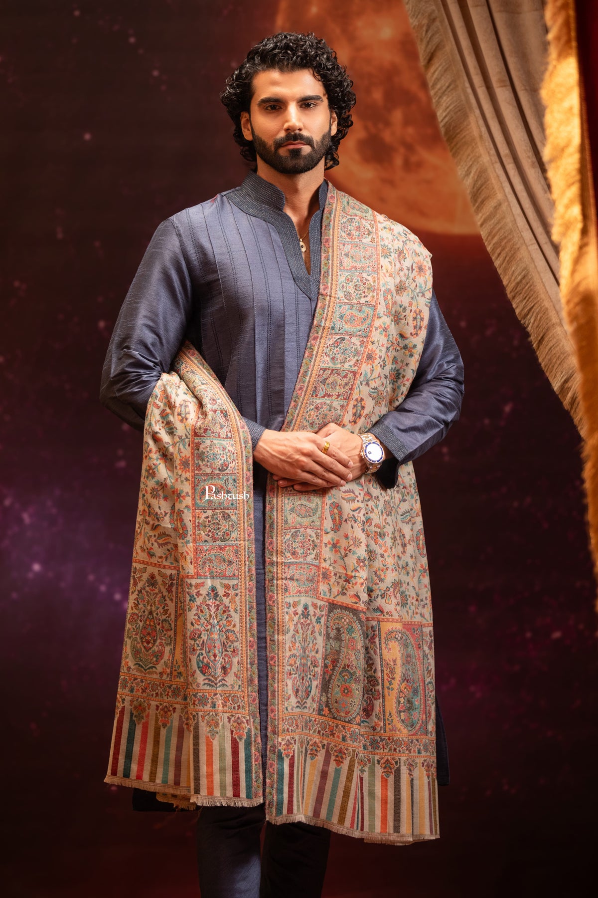 Pashtush India Mens Shawls Gents Shawl Pashtush Mens Extra Fine Wool Shawl, Ethnic Weave Design, Beige