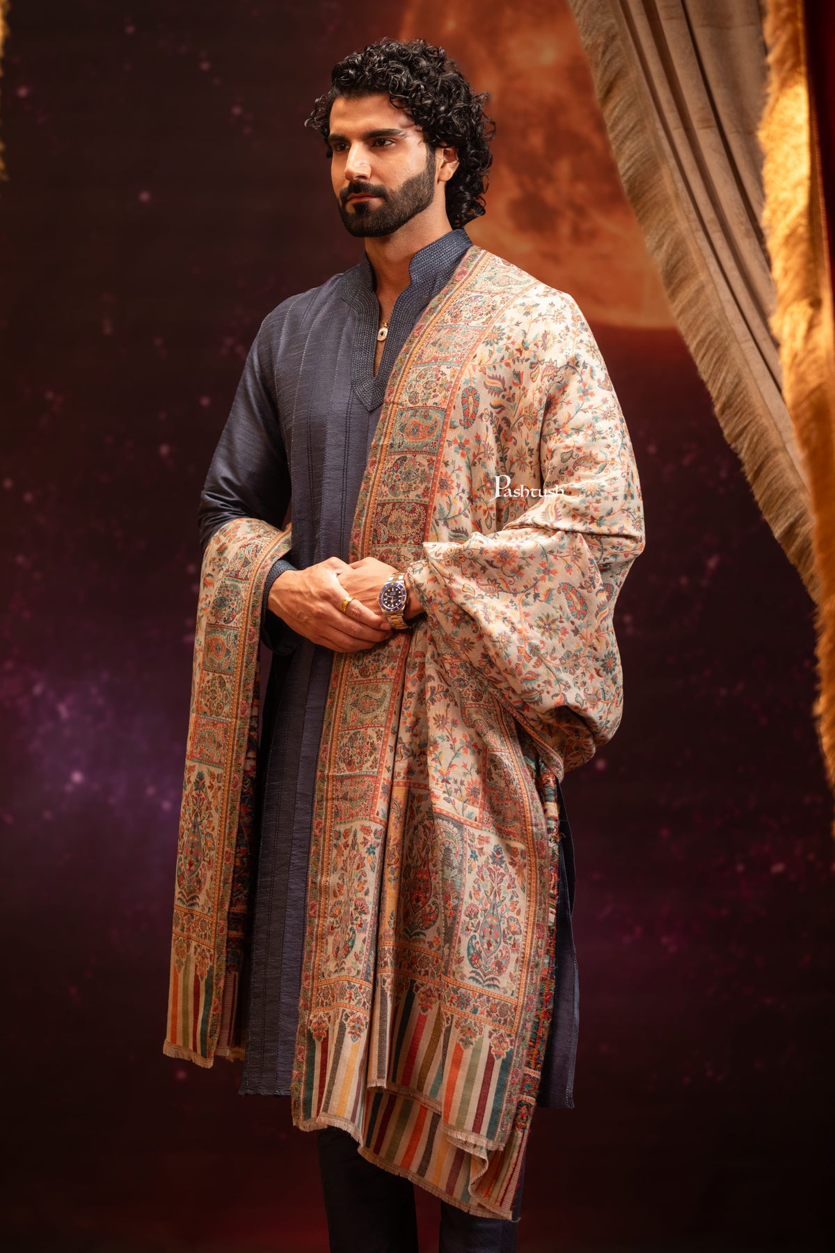 Pashtush India Mens Shawls Gents Shawl Pashtush Mens Extra Fine Wool Shawl, Ethnic Weave Design, Beige