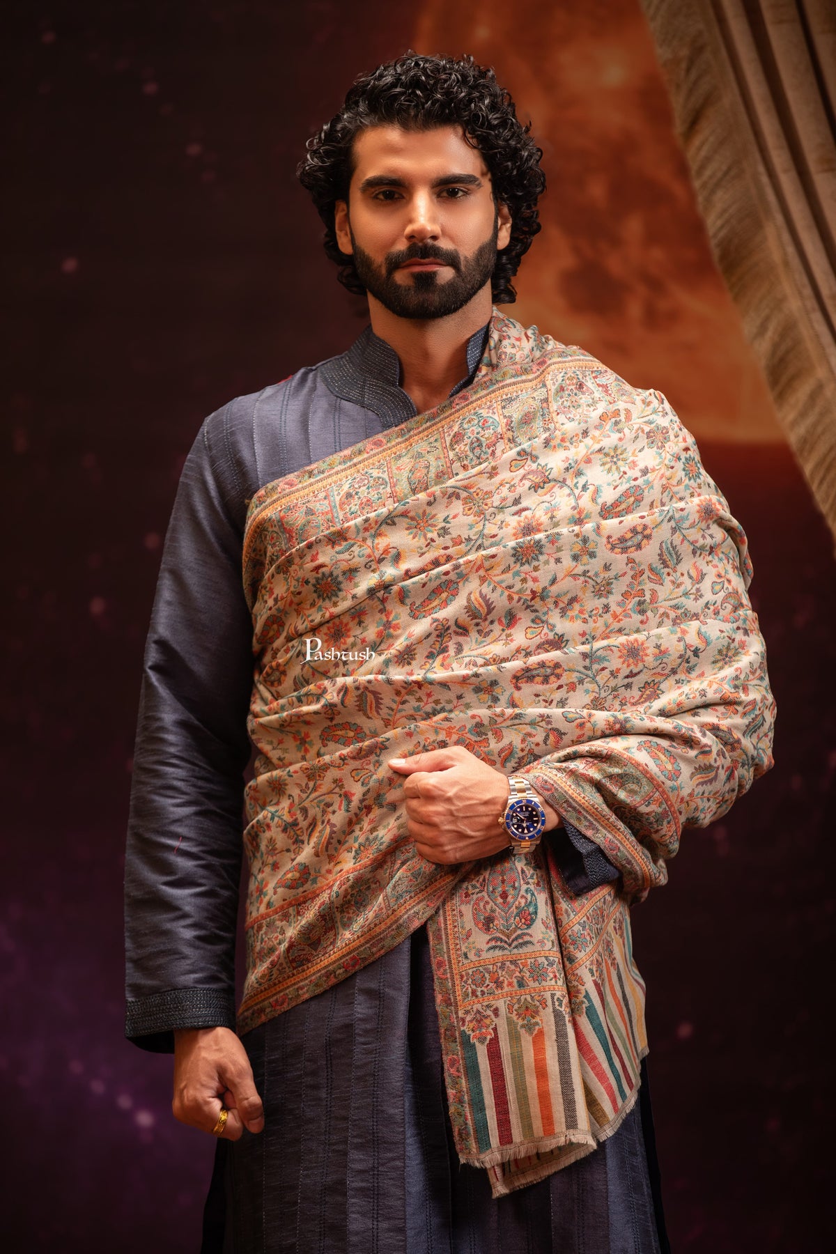 Pashtush India Mens Shawls Gents Shawl Pashtush Mens Extra Fine Wool Shawl, Ethnic Weave Design, Beige