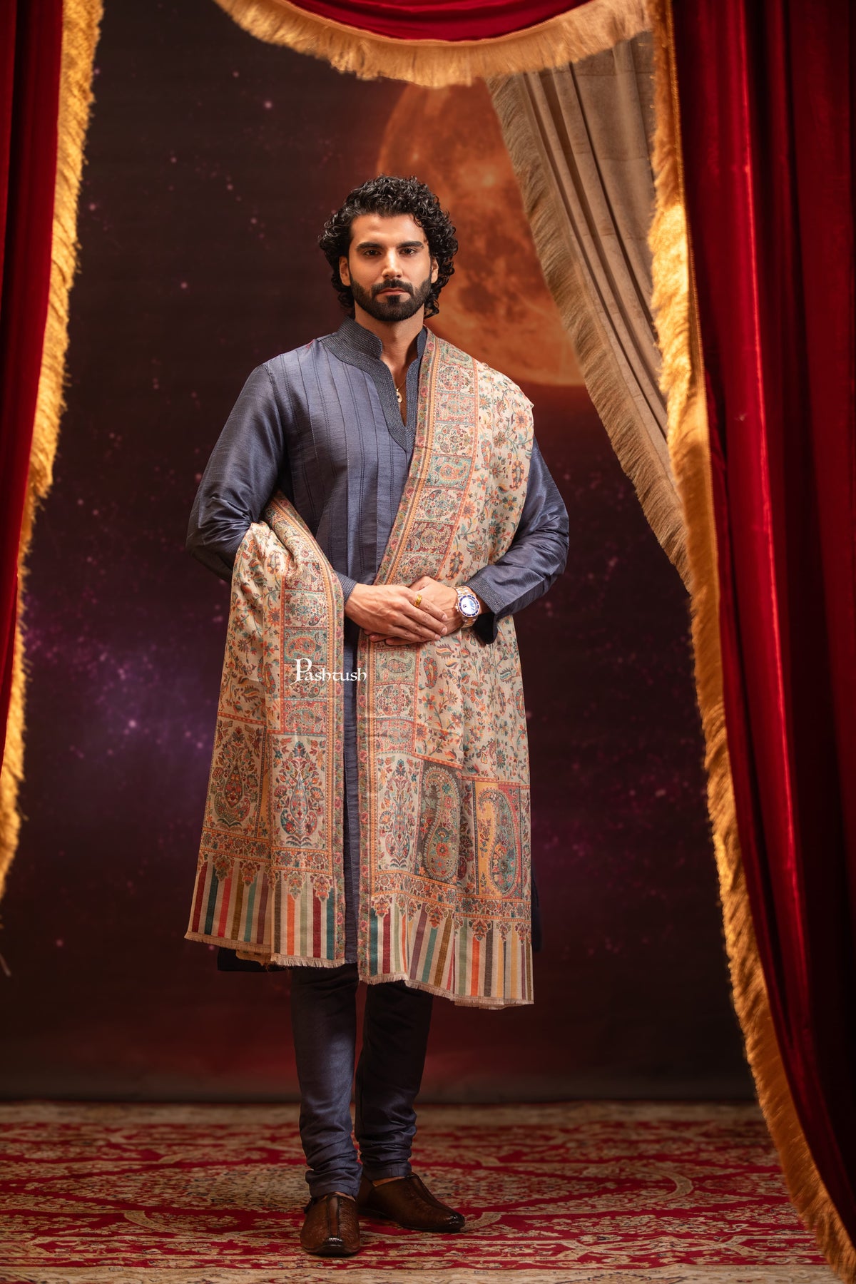 Pashtush India Mens Shawls Gents Shawl Pashtush Mens Extra Fine Wool Shawl, Ethnic Weave Design, Beige
