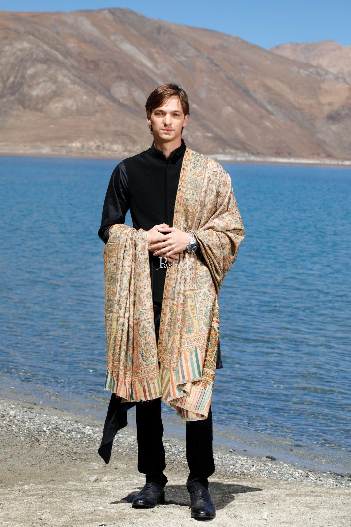 Pashtush India Mens Shawls Gents Shawl Pashtush Mens Extra Fine Wool Shawl, Ethnic Weave Design, Beige