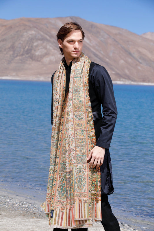 Pashtush India Mens Shawls Gents Shawl Pashtush Mens Extra Fine Wool Shawl, Ethnic Weave Design, Beige