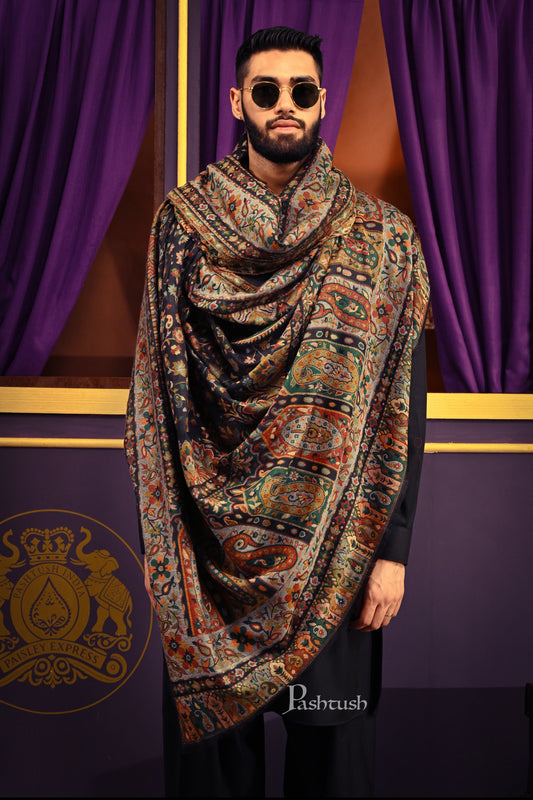 Pashtush India Mens Shawls Gents Shawl Pashtush Mens Extra Fine Wool Shawl, Ethnic Weave Design, Black