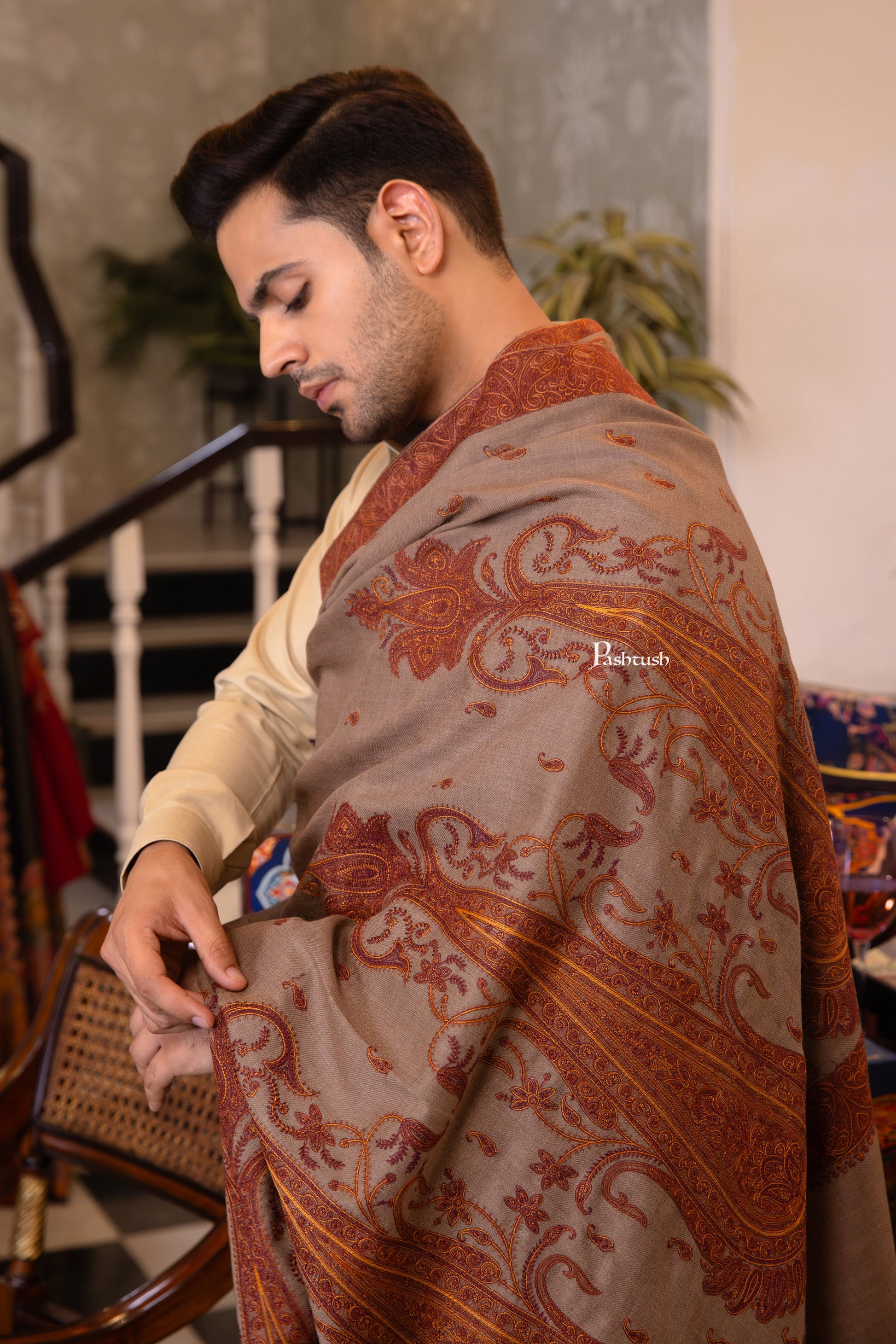Pashtush India Mens Shawls Gents Shawl Pashtush Mens Extra Fine Wool Shawl, Heavy Embroidery Design, Taupe