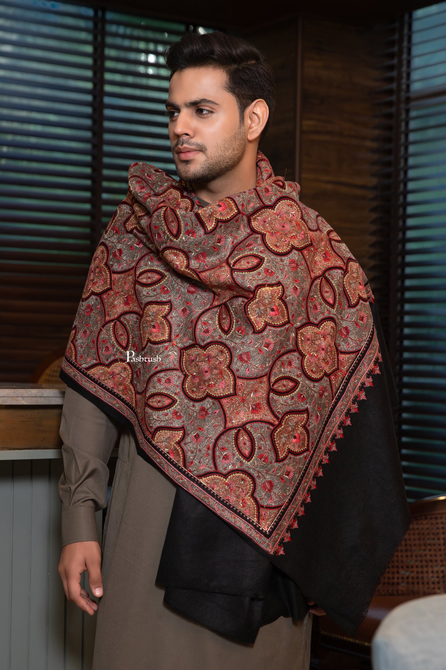 Pashtush India Mens Scarves Stoles and Mufflers Pashtush Mens Extra Fine Wool Shawl, Nalki Embroidery  Design, Black