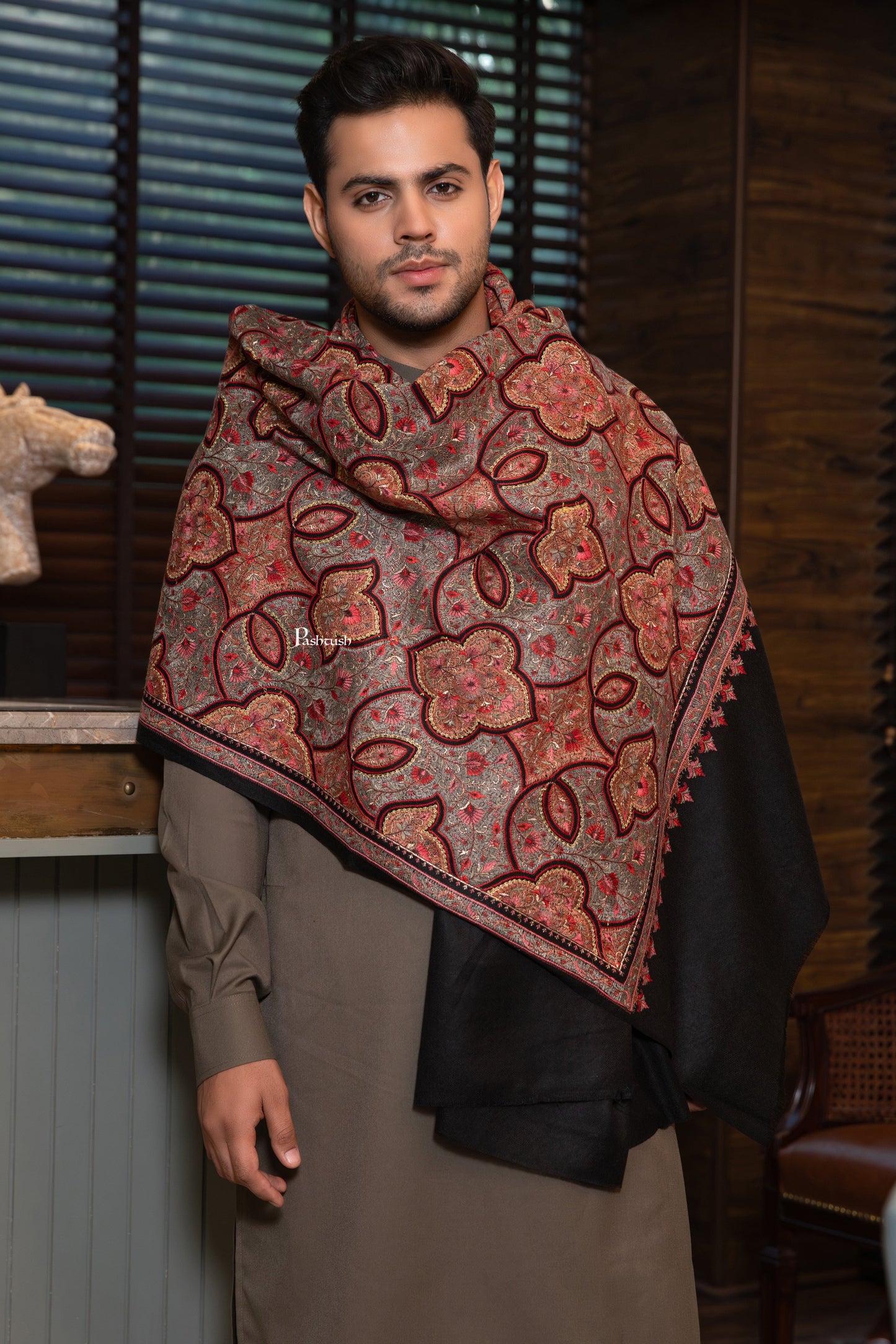 Pashtush India Mens Scarves Stoles and Mufflers Pashtush Mens Extra Fine Wool Shawl, Nalki Embroidery  Design, Black